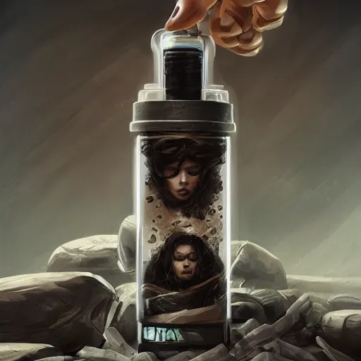 Image similar to concept art of a modern dietary supplement in a transparent bottle with a black sticker on it by aenaluck, artgerm and roberto ferri and greg rutkowski, highly detailed portrait, star wars expanded universe, digital painting, artstation, concept art, smooth, sharp foccus ilustration hq