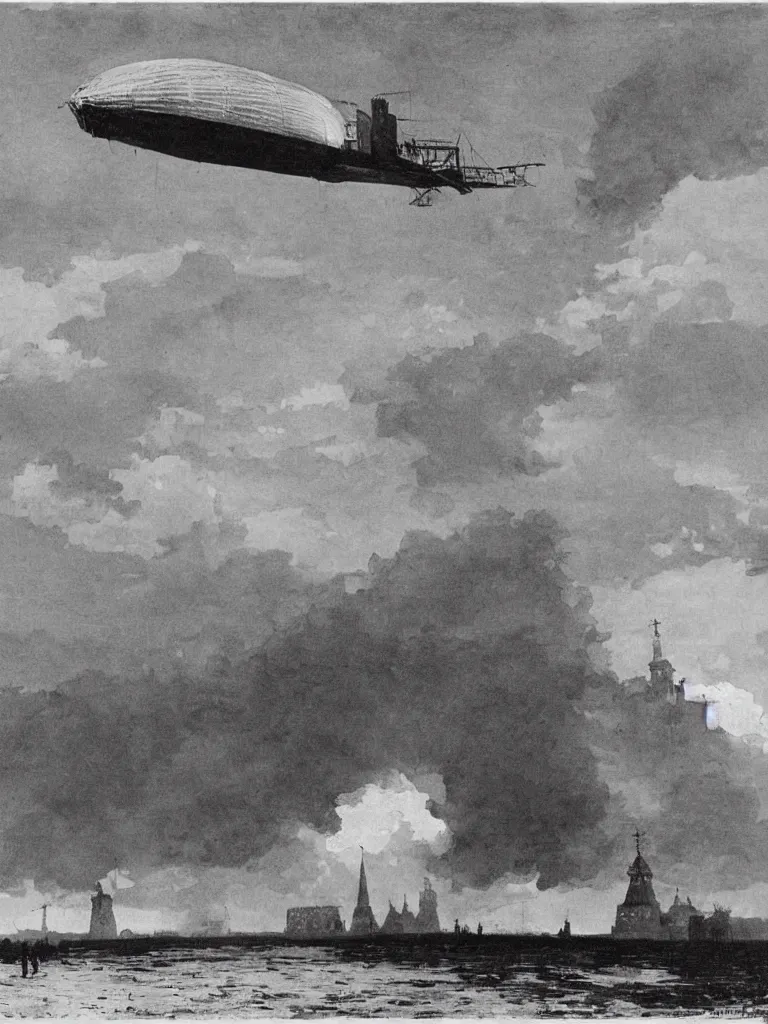 Image similar to a large dieselpunk airship standing over a white church in russia in 1 9 1 0, by winslow homer