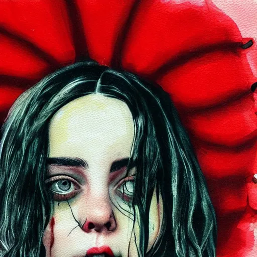 Prompt: grunge painting of billie eilish with a wide smile and a red balloon screenshot from rick and morty, creepy lighting, horror theme, detailed, elegant, intricate, conceptual