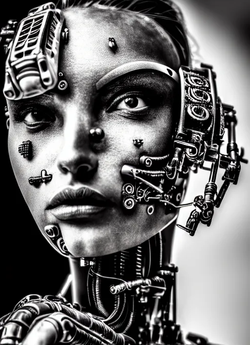 Image similar to a stunning young female cyborg profile face, face is made intricate tribal bio - mechanical, editorial photography, bw, shot on 7 0 mm, depth of field, f / 2. 8, high contrast, 1 6 k, rays of shimmering light, volumetric lighting, shiny, insanely detailed and intricate, hypermaximalist, elegant, ornate, hyper realistic, super detailed