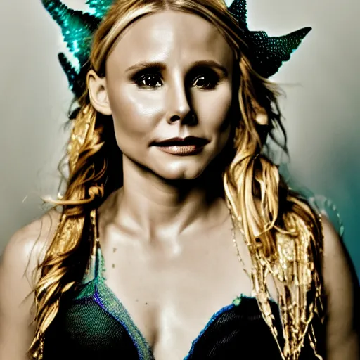 Prompt: Kristen Bell as a mermaid, grungy, unkept hair, glowing eyes, modelsociety, wet from rain, radiant skin, huge anime eyes, RTX on, bright on black, dramatic, studio lighting, perfect face, intricate, Sony a7R IV, symmetric balance, polarizing filter, Photolab, Lightroom, 4K, Dolby Vision, Photography Award
