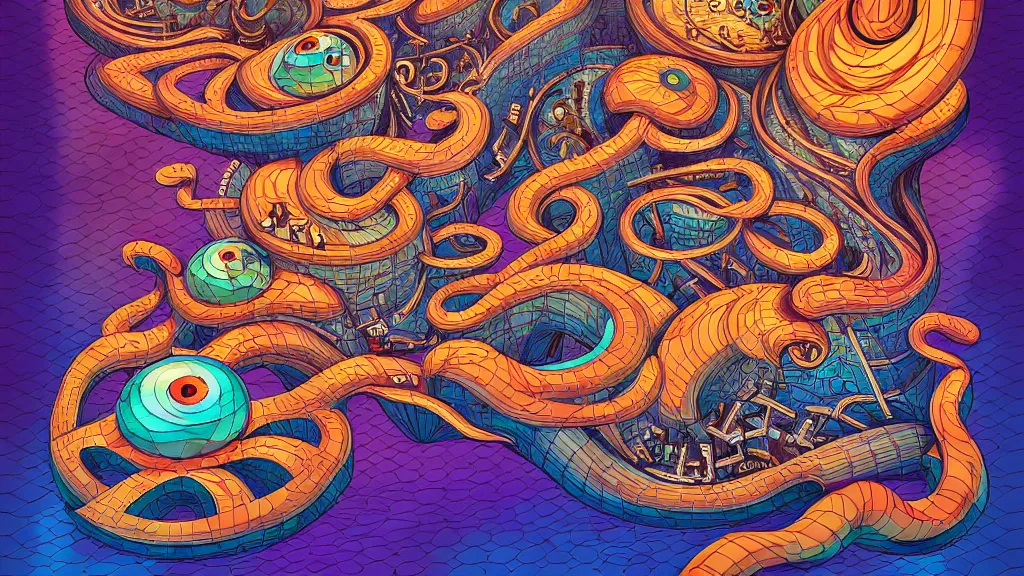 Prompt: twisted turn of fate abstraction, centered award winning ink pen illustration, isometric abstract illustration by dan mumford, edited by craola, tiny details by artgerm, finished by tooth wu and watercolor girl, symmetrically isometrically centered