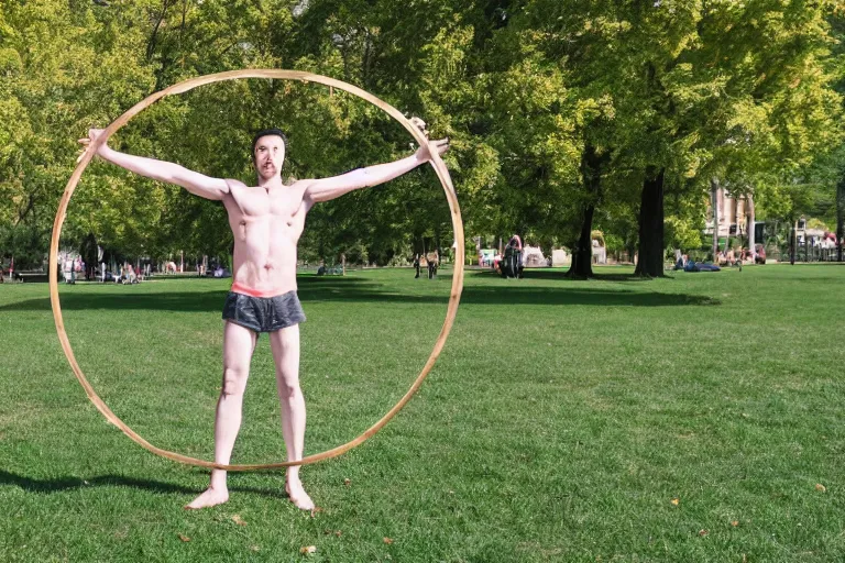 Image similar to a real-life Vitruvian Man doing cartwheels at the park, 8k resolution, ultrarealistic