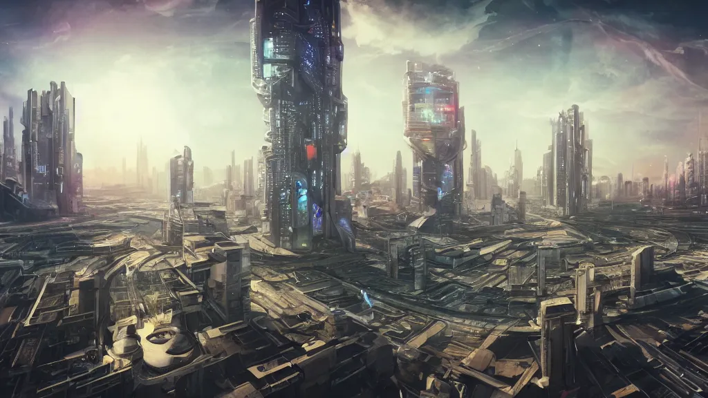 Prompt: The futuristic sci-fi city has tall brutalist architecture buildings, some giant spaceships are flying over the city, the background has a detailed heavenly and iridescent light from nebulas, panoramic view, vaporwave, cyberpunk, matte painting, concept art, dramatic lighting, golden hour, 4k, 8k, trending on Artstation, realistic