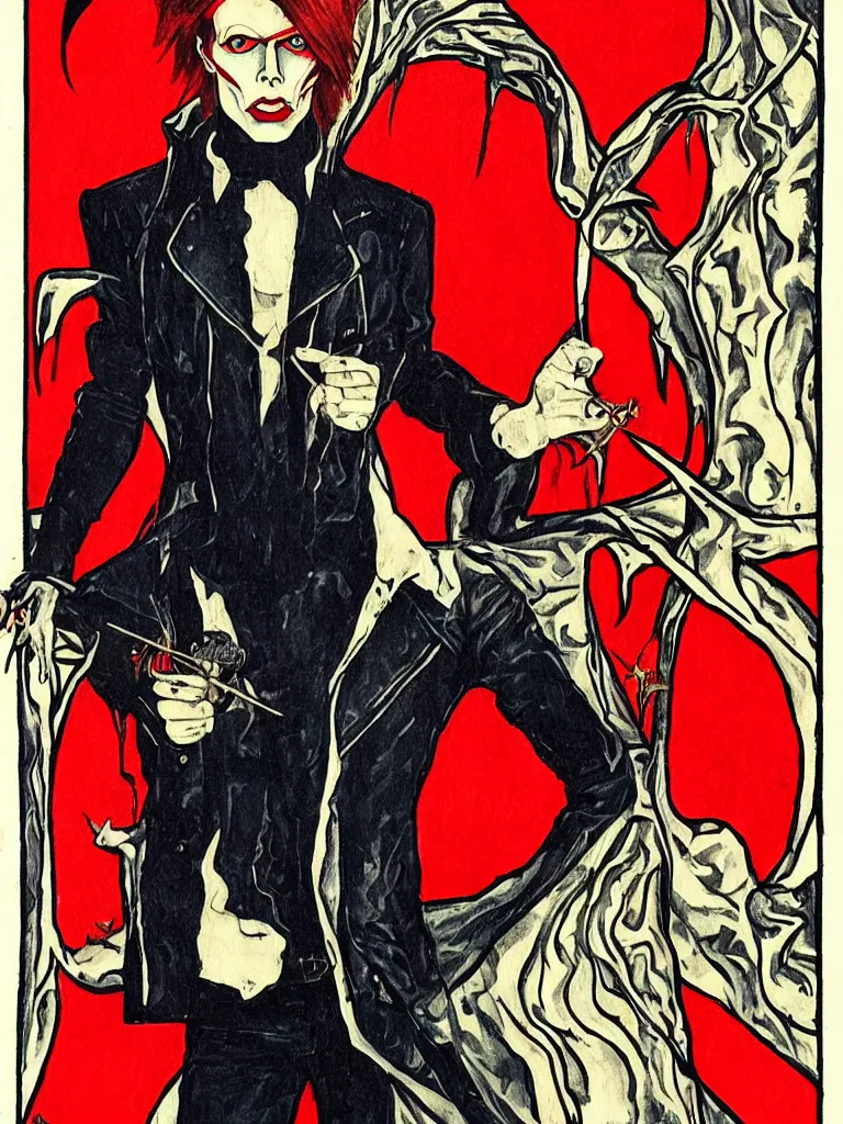 Image similar to art nouveau, David Bowie, one single figure, tarot card, vampire, sharp teeth, leather jacket, jeans, long red hair, full body