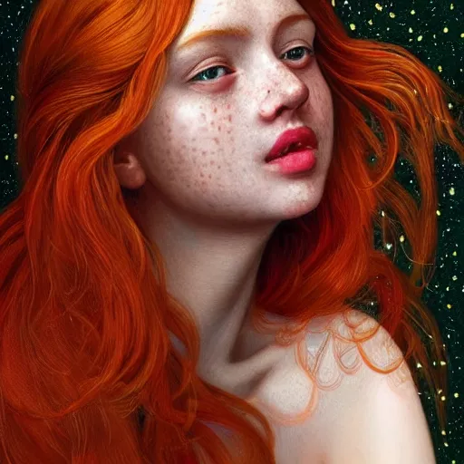 Prompt: a highly detailed, hyper realistic, gorgeous portrait, red haired young woman, among golden fireflies, long hair, green eyes, hint of freckles, round gentle face, cheeky smile with red lips, deep focus, elegant, digital painting, smooth, sharp, golden ratio, illustration, art by artemisia lomi gentileschi and artgerm