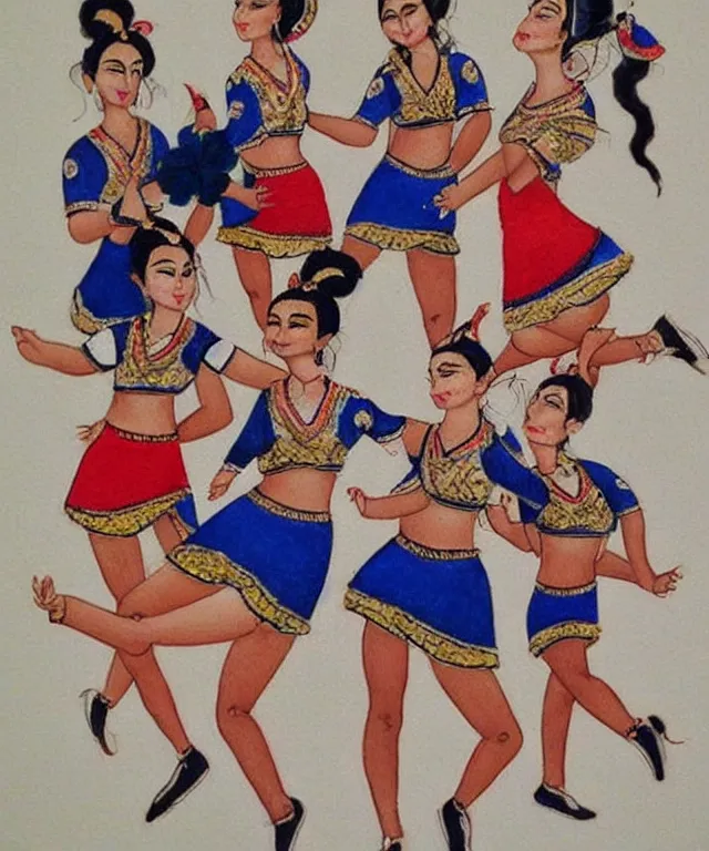 Image similar to a persian miniature painting, cute cheerleaders dancing, shorts, ultra sharp, extra details, ultra high quality, trending on pinteresst