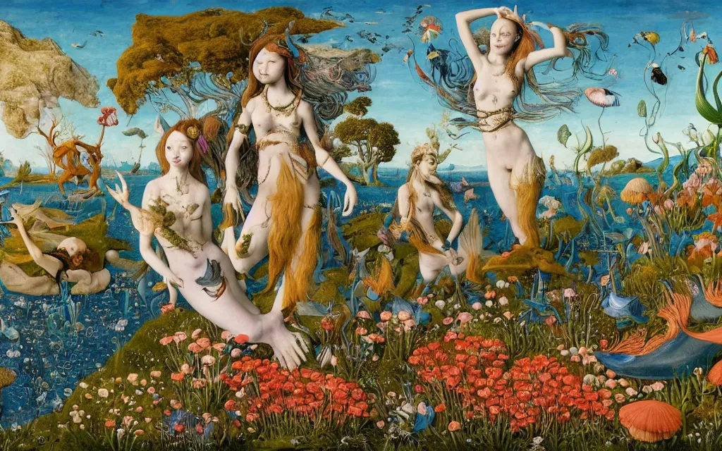 Prompt: a portrait photograph of a meditating mermaid and a centaur king riding birds at a wide river delta. surrounded by bulbous flowers, animals, trees and mushrooms. mountain range under a vast blue sky of burning stars. painted by jan van eyck, max ernst, ernst haeckel and artgerm, cgsociety, artstation, fashion editorial