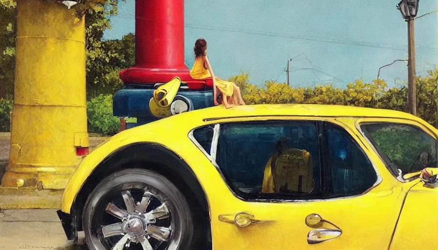 Image similar to a picture of a yellow-car parked next to a red-hydrant with a woman in a yellow-dress sitting on the hood, BEUTIFUL!, surreal, in style of Tom Bagshaw, artgerm, norman rockwell, Edward Hopper