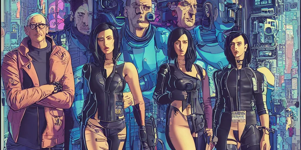 Image similar to cyberpunk heist crew. portrait by stonehouse and mœbius and will eisner and gil elvgren and pixar. character design. realistic proportions. dystopian. cyberpunk 2 0 7 7 character art, blade runner 2 0 4 9 concept art. cel shading. attractive face. thick lines. hi def 4 k. the team. detailed interesting characters. realistic faces.