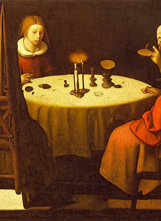 Image similar to a candlelit table at the inn, evening, dark room, two people sitting at the table, swirling smoke, dark smoke, realistic, in the style of leonardo da vinci, dutch golden age, amsterdam, medieval painting by jan van eyck, johannes vermeer, florence