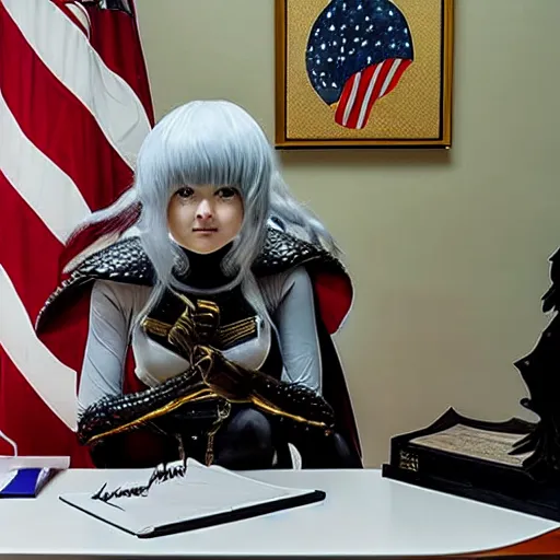 Image similar to a person cosplaying griffith from berserk by kentaro miura sitting at oval office desk with american flag