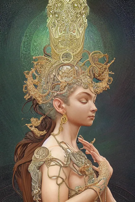 Image similar to ultra realistic illustration, a jade statue of sacred geometry, intricate, elegant, highly detailed, digital painting, artstation, concept art, smooth, sharp focus, illustration, art by artgerm and greg rutkowski and alphonse mucha