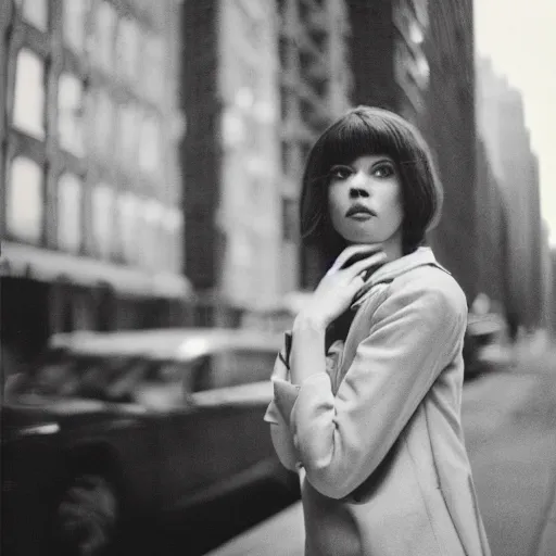 Prompt: medium format film candid portrait of a woman in new york by portrait photographer, 1 9 6 0 s, depth of field woman portrait featured on unsplash, photographed on colour expired film