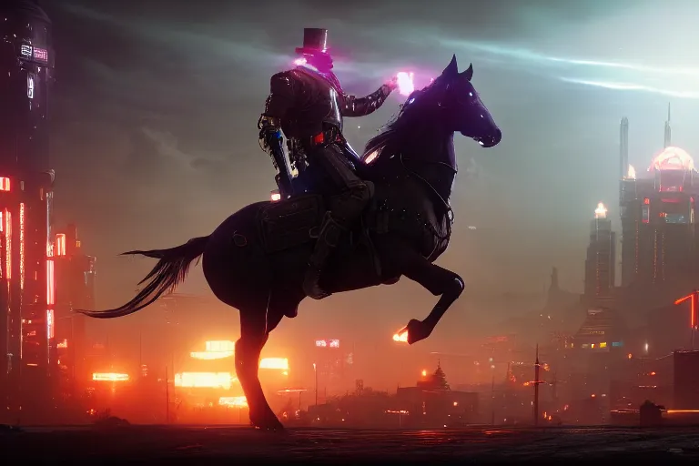 Image similar to on a beautiful cyberpunk florest theres a cyberpunk knight riding a cyberpunk horse, cinematic lightning, ray tracing, unreal engine 5, photorealistic, 8 k, uhd, 4 k, red dead redemption 2 game concept, extremely detailed, beautiful, elegant, intricate, foggy, in - game footage