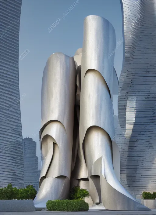 Prompt: highly detailed realistic architecture 3 d render of a futuristic stele monument in frank gehry style standing in city park, archdaily, made in unreal engine 4 octane render