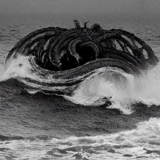 Image similar to black and white photo of an impossible eldritch horror emerging from the ocean.