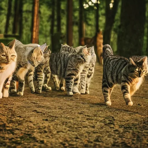 Prompt: A herd of cats exploring a forest at twilight