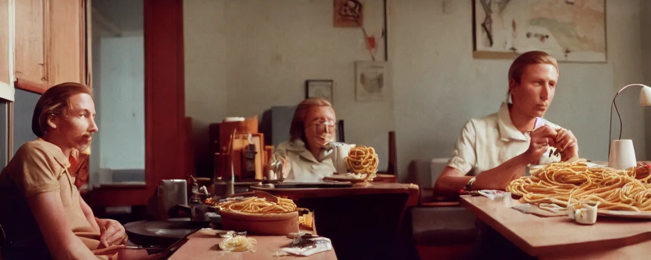 Image similar to watching tv while eating spaghetti,! alone!, 2 0 2 0, canon 5 0 mm, kodachrome, in the style of wes anderson