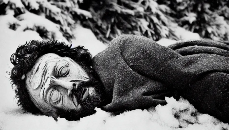Prompt: 1 9 6 0 s movie still close up of marcus aurelius tired frozen to death by the side of a river in emperor clothes, grass, snowy, pine forests, cinestill 8 0 0 t 3 5 mm b & w, high quality, heavy grain, high detail, texture, dramatic light, anamorphic, hyperrealistic, detailed hair, foggy