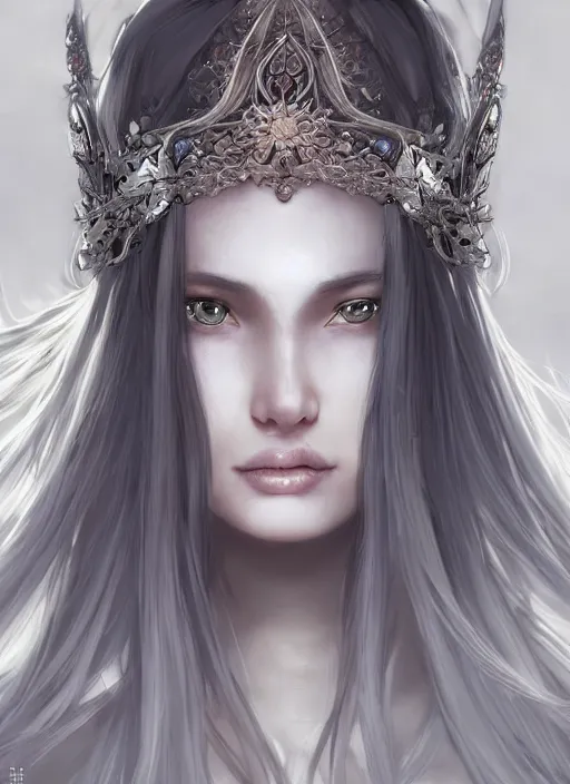 Image similar to nymph of the moon, oriental beautiful face, wearing hair crown, silver hair, youthful attractive, clear symmetrical face portrait, muted colors, artstation, cgsociety, character concept art, highly detailed