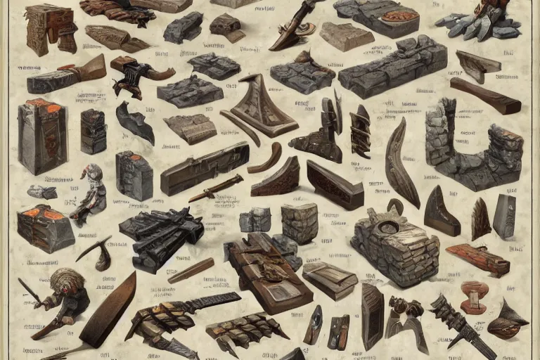 Image similar to schematic diagram of axes, dwarven, weapons, built, book, page, detailed, cross section, trending on artstation, cgsociety, Ralph McQuarrie and Greg Rutkowski