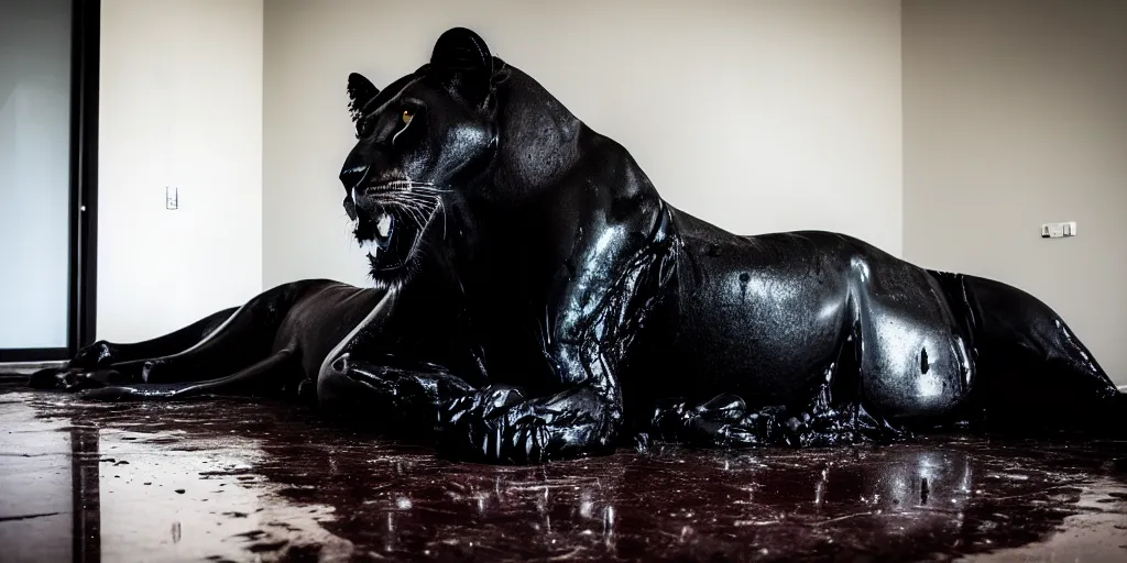 Prompt: the smooth black lioness, made of smooth black goo, laying on the couch in the living room after bathing in the ferrofluid, viscous, sticky, full of tar, covered with black goo. photography, dslr, reflections, black goo