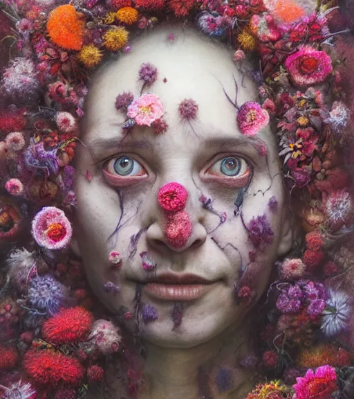 Image similar to portrait, stranger psycho, covered in flowers, horror, by michael page, alyssa monks, julie heffernan, glenn brown, naoto hattori, brian froud, nicola samori, paolo roversi, kilart, 8 k, hyper detailed, hyper realism, acrylic paint, surrealism.