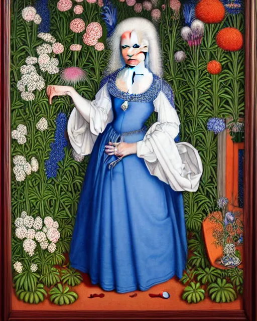 Prompt: portrait of a woman with white hair, wearing a plastic blue dress, standing in a room full of plants and flowers, white background, intricate details, high detail, in the style of rogier van der weyden and jacopo da pontormo, by mark ryden, punk, asian art,