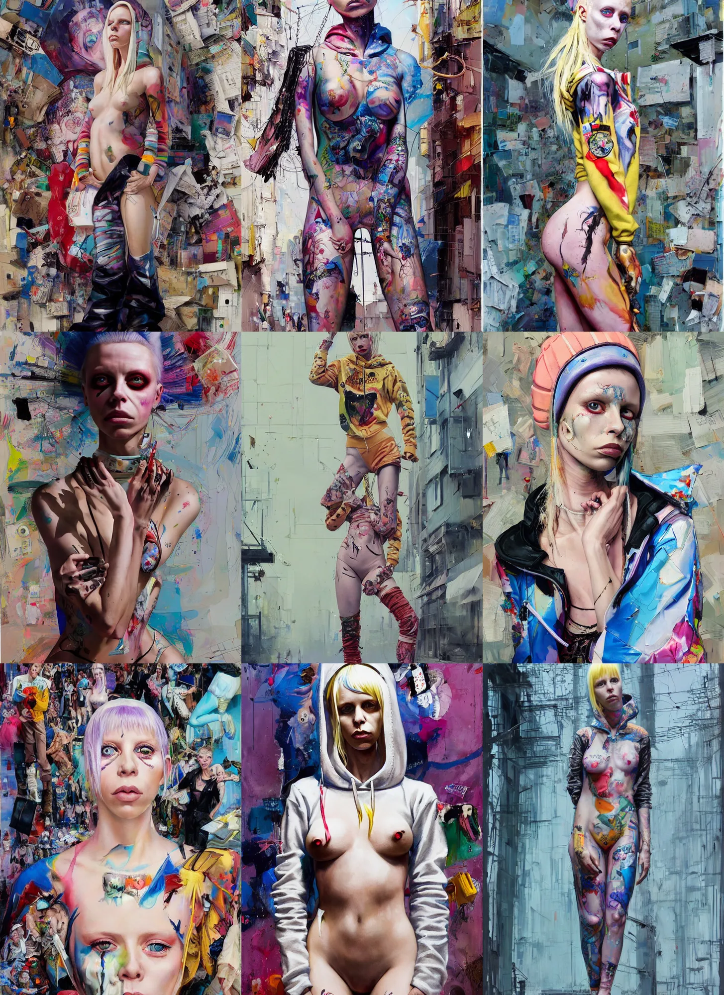 Prompt: 2 1 year old yolandi visser in style of martine johanna and donato giancola, wearing hoodie, standing in township street, street fashion outfit,!! haute couture!!, full figure painting by john berkey, david choe, ismail inceoglu, detailed impasto, 2 4 mm, die antwoord music video