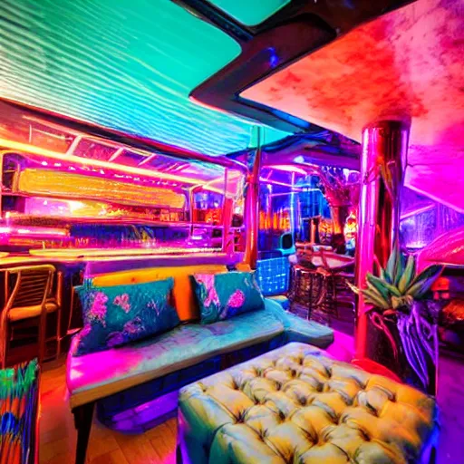 Image similar to architectural digest photo, inside dark and moody crowded futuristic neon tiki bar inside a yacht, many large tropical plants, open dance floor and dj booth, blue lighting with small pastel orange and pink accent lights, crowd of cool people dancing