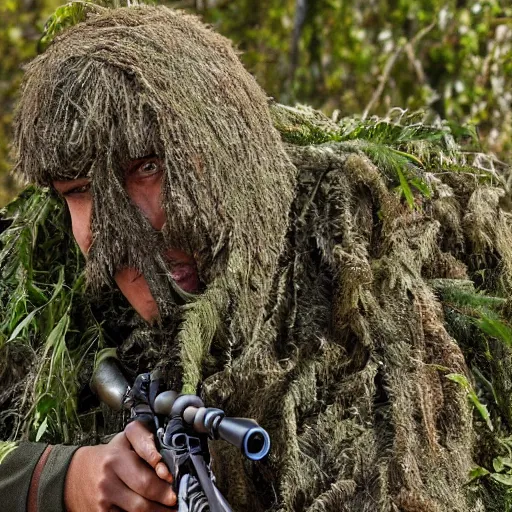 Image similar to a sniper in a ghillie suit in the bushes