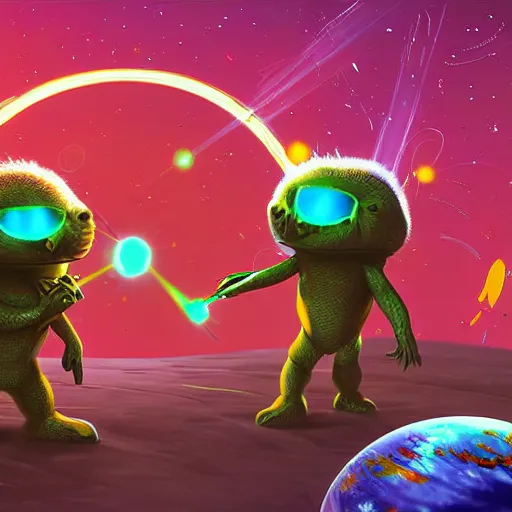 Image similar to laser war between funny creatures on a planet, digital art, award winning 4K