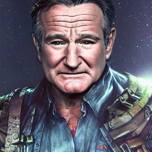 Prompt: Very very very very highly detailed epic photo of Robin Williams, intricate, dystopian, sci-fi, extremely detailed, digital painting, artstation, concept art, smooth, sharp focus, illustration, intimidating lighting, incredible art by Artgerm and Vincent di Fate