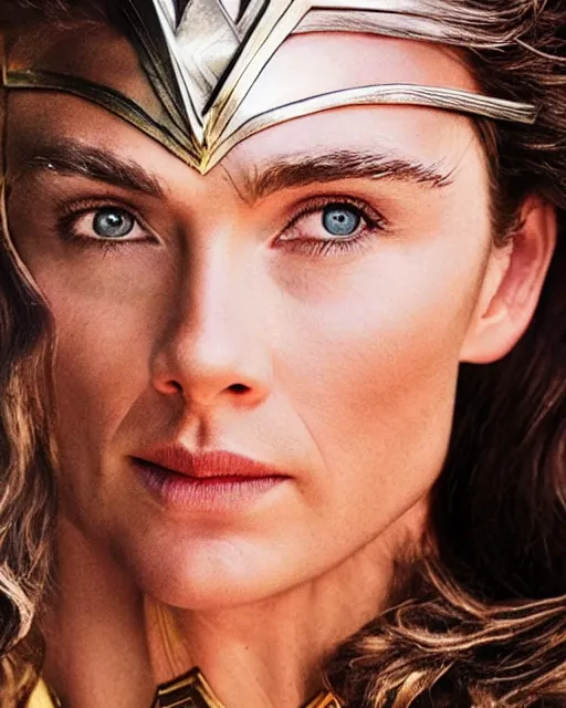 Prompt: Chris Hemsworth dressed as Wonder Woman, Vogue cover photo, realistic face, detailed face, highly detailed, professional photo