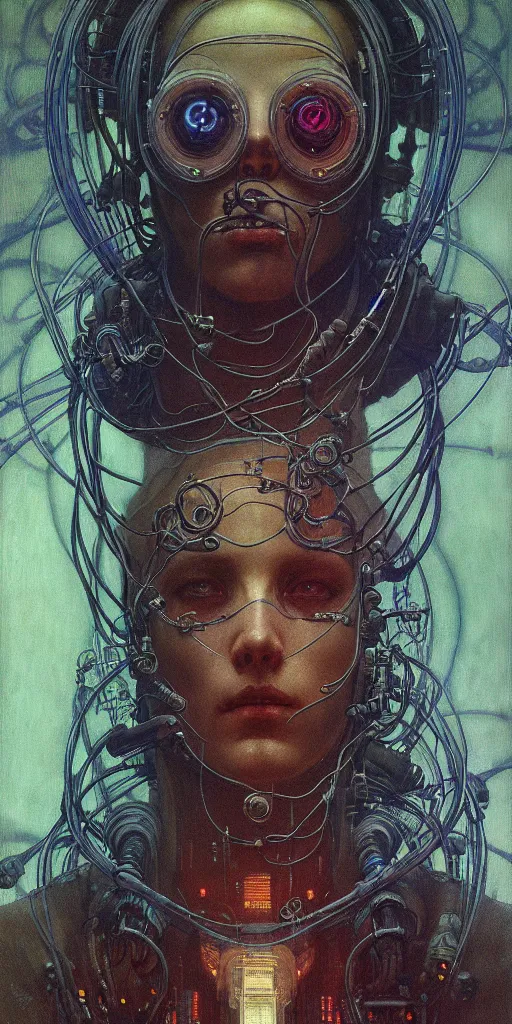 Image similar to ultra detailed, realistic cyberpunk portrait of one character, sci fi, cybernetic, wires, ar nouveau, by alfons maria mucha and zdzisław beksinski, dark mood, high detailed, 4 k, hd, high quality