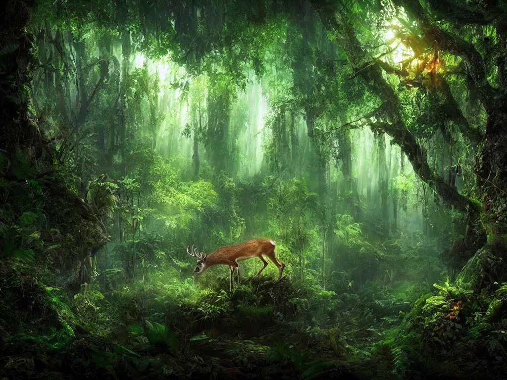 Image similar to a fantasy beautiful dense biorelevant rainforest setting, ultrawide angle, a deer radiating dramatic light, cinematic lighting, extremely emotional, extremely dramatic, surround it with pixie dust ether floating in the air, hdr, epic scale, cmyk, deep spectrum color