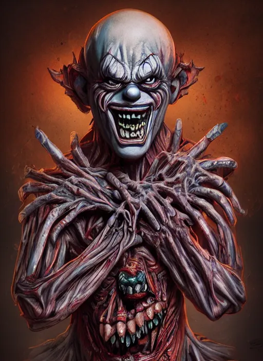 Image similar to evil horror clown, monster anatomy, ross tran, vivid colors, anatomical, highly detailed sculpture, intricate detailed, ommatidia, 8 k, cinematic atmosphere, post - processing