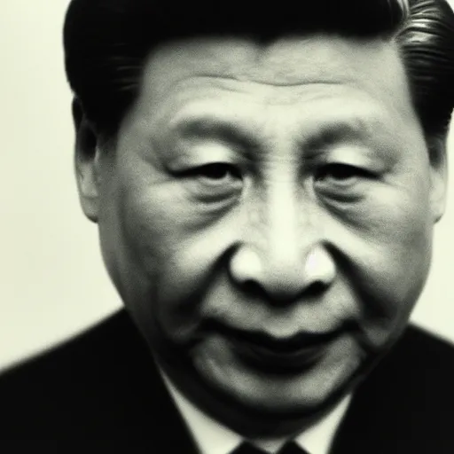 Image similar to photo of Xi Jinping by Diane Arbus, extreme closeup, black and white, high contrast, Rolleiflex, 55mm f/4 lens