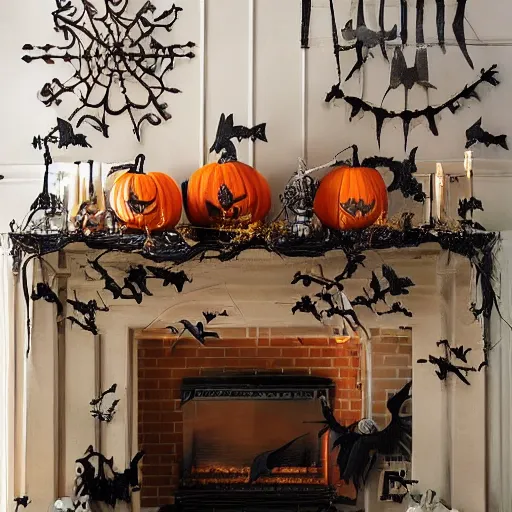 Image similar to a realistic photo of a fireplace mantle decorated for halloween, with black bats on the wall, and pumpkins on the floor, photorealism, dramatic lighting