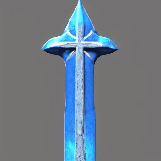 Image similar to bluestone flamberge, a huge two-handed sword with a wavy blade and large cross guard. It has a faint blue sheen, and radiates a sense of unease. 3d render