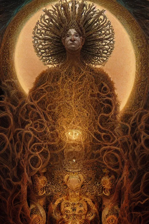 Image similar to Intricate stunning highly detailed deity by agostino arrivabene and Vladimir Kush, surreal, digital painting, ultra realistic, Horror vacui, dramatic lighting, full moon, thick black swirling smoke tornado, burning fire embers, artstation