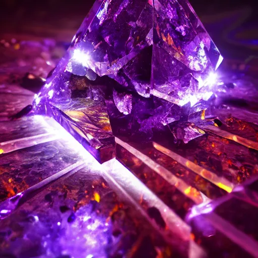 Image similar to Photorealistic magical amethyst shard glowing arcane energy. Hyperdetailed photorealism, 108 megapixels, amazing depth, glowing rich colors, powerful imagery, psychedelic Overtones, 3D finalrender, 3d shading, cinematic lighting, artstation concept art