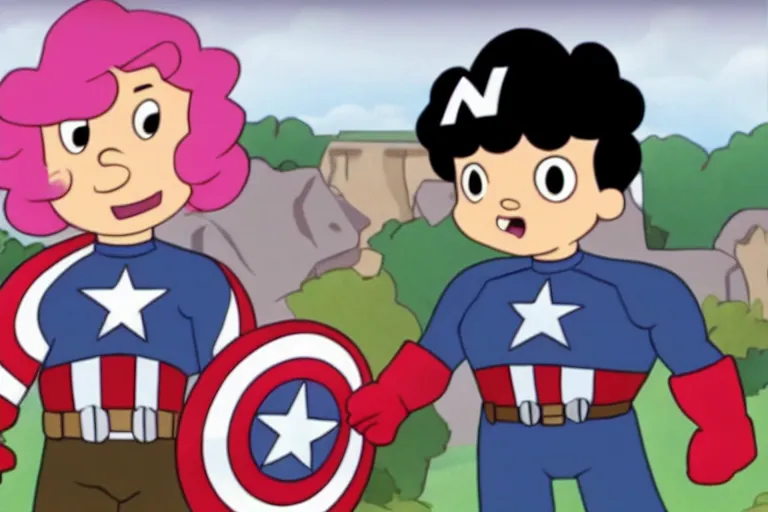 Image similar to steven universe wearing captain america's suit, chubby 1 6 - year old boy with curly brown hair, screenshot from steven universe ( 2 0 1 3 )