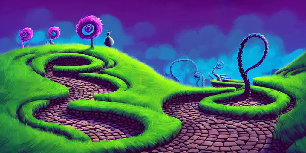 Image similar to dark tones, curled perspective digital art of spiral clouds cobblestone street with wildflowers top of a hill with spiral palmtrees by anton fadeev from nightmare before christmas. horton hears a who!