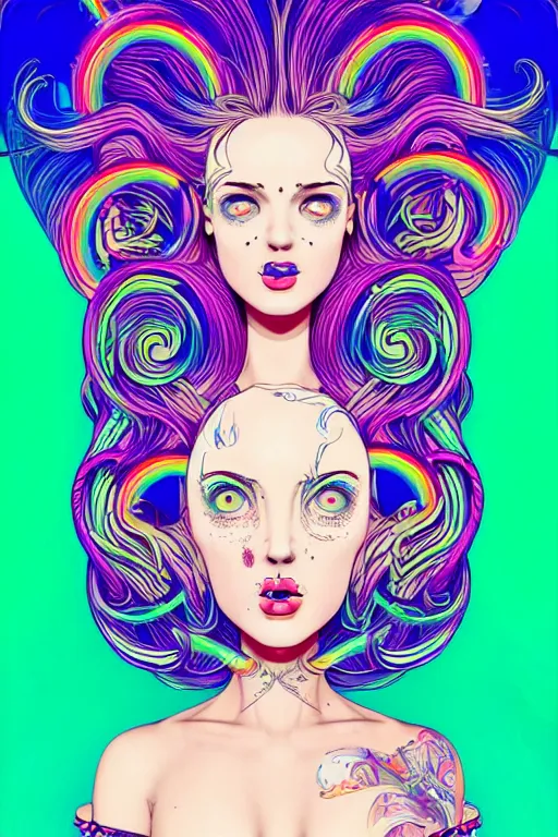 Image similar to a award winning portrait of a beautiful woman with stunning eyes in a one off shoulder croptop and cargo pants with rainbow colored hair, outlined by whirling illuminated neon lines and fine lines swirling in circles by joe fenton, digital art, trending on artstation