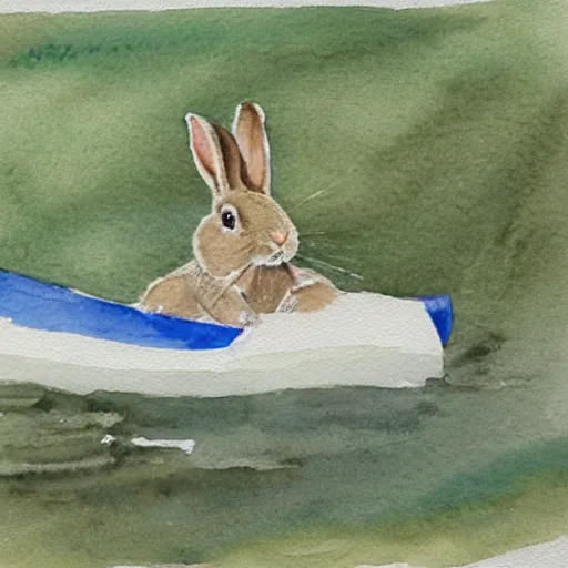 Image similar to a rabbit paddling a kayak on a small stream, watercolour realism