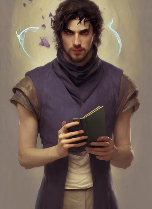 Image similar to character concept portrait of an attractive young clever Spanish wizard with pale golden skin enchanting an explosion curse, a floating iridescent spell book in the center, intricate, elegant, digital painting, concept art, smooth, sharp focus, illustration, from Metal Gear, by Ruan Jia and Mandy Jurgens and William-Adolphe Bouguereau, Artgerm