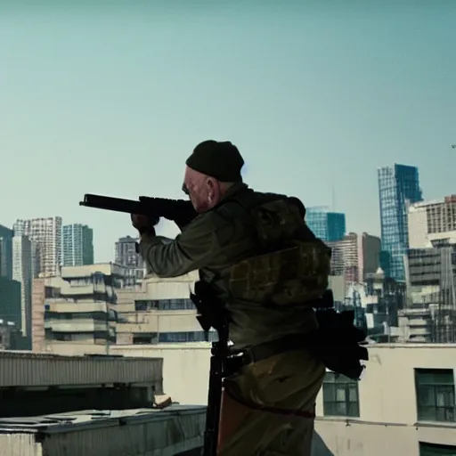 Prompt: Film still of Mike Ehrmantraut aiming with a sniper rifle on a rooftop, 4k, highly detailed