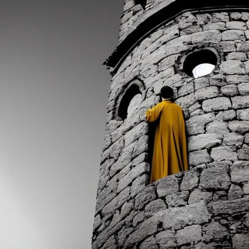 Image similar to Close-up of a terrified young catholic priest at the top of a medieval tower watching in fear as an ominous yellow shadow descends upon him from the night sky. He is fervently praying but his eyes are wide open with fear. Low angle angle, dramatic lighting. Award-winning digital art, trending on ArtStation